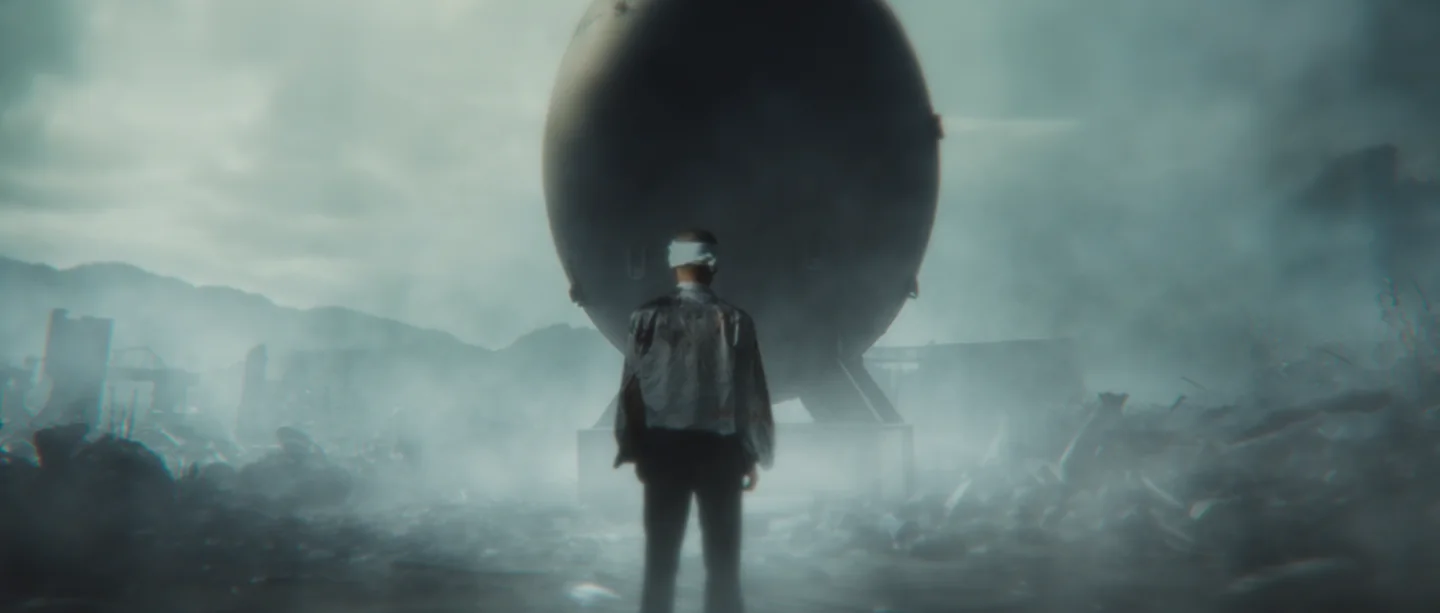 Takashi stands before an immense atomic sphere