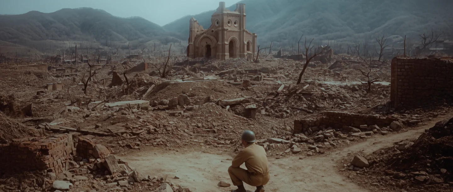 A soldier surveys the ruins of Nagasaki