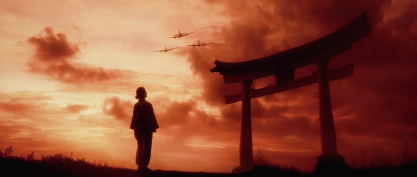 Bombers cross a red sky above a torii gate