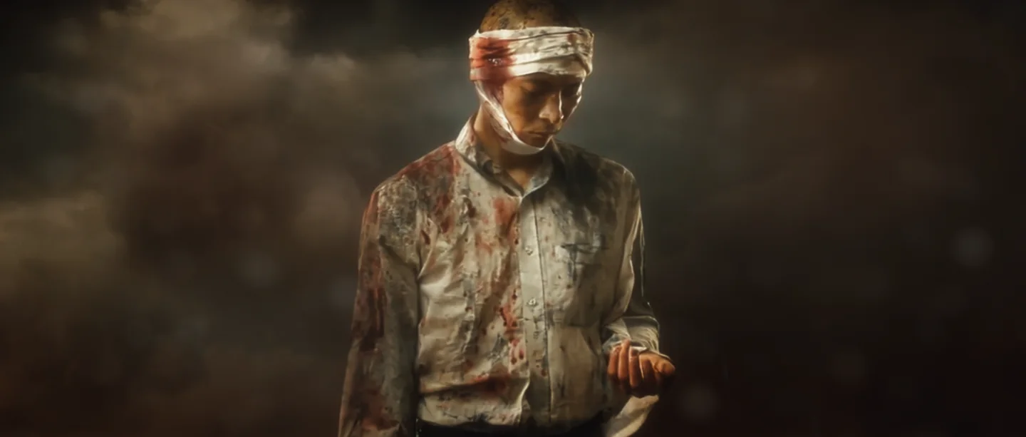 Wounded Takashi stands in smoke and light